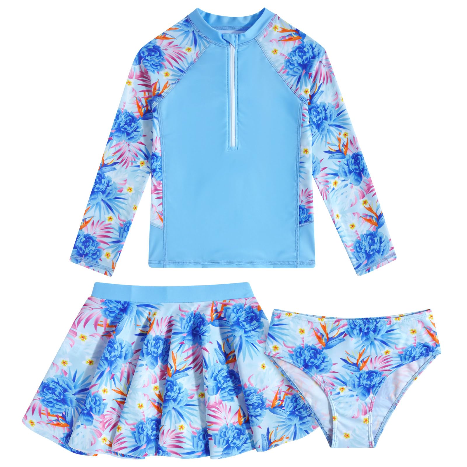 Girls Rashguard Swimsuit Size 10-12 Tropical Flower Long Sleeve 3 Piece Skirts Set Bathing Suits Hawaii Rash Guard Swimwear Sun Protection Beachwear