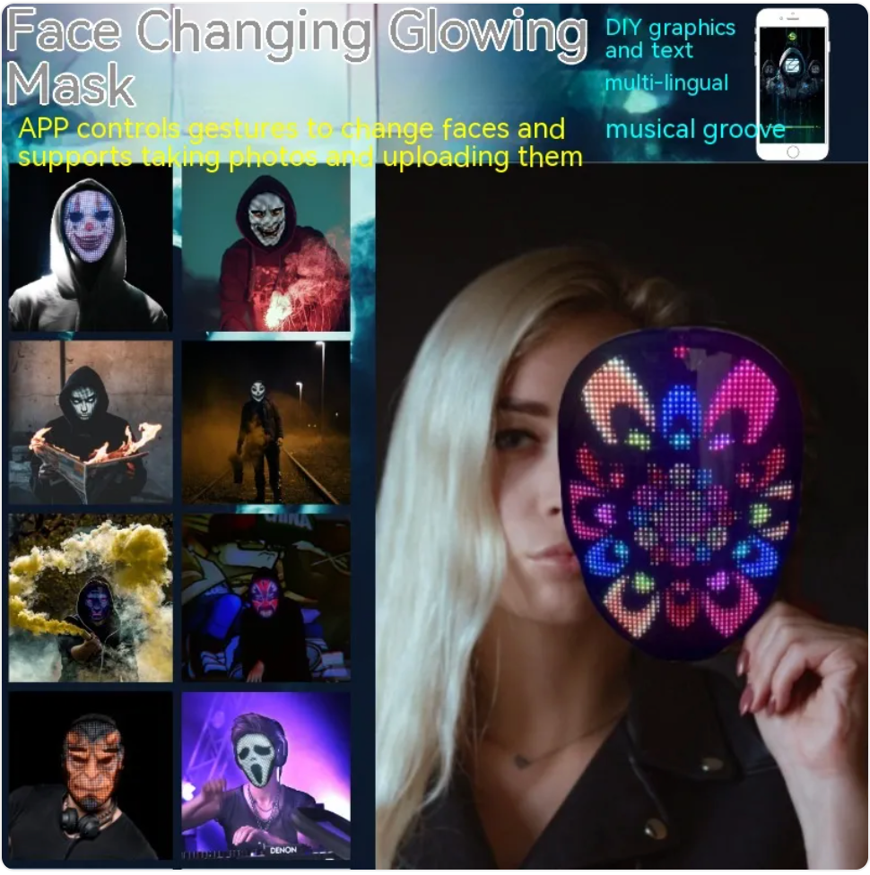 LED Face-Changing Halloween Mask – Full-Color Luminous Party Mask for Festivals & Events